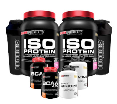 Kit 2x Iso Protein 900g + 2x BCAA 4.5 100g + 2x Power Creatina 100g + 2x Coqueteleira - Bodybuilders